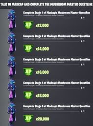 Fortnite Season 8 Madcap Mushroom Master questline challenges (Image via iFireMonkey/Twitter)